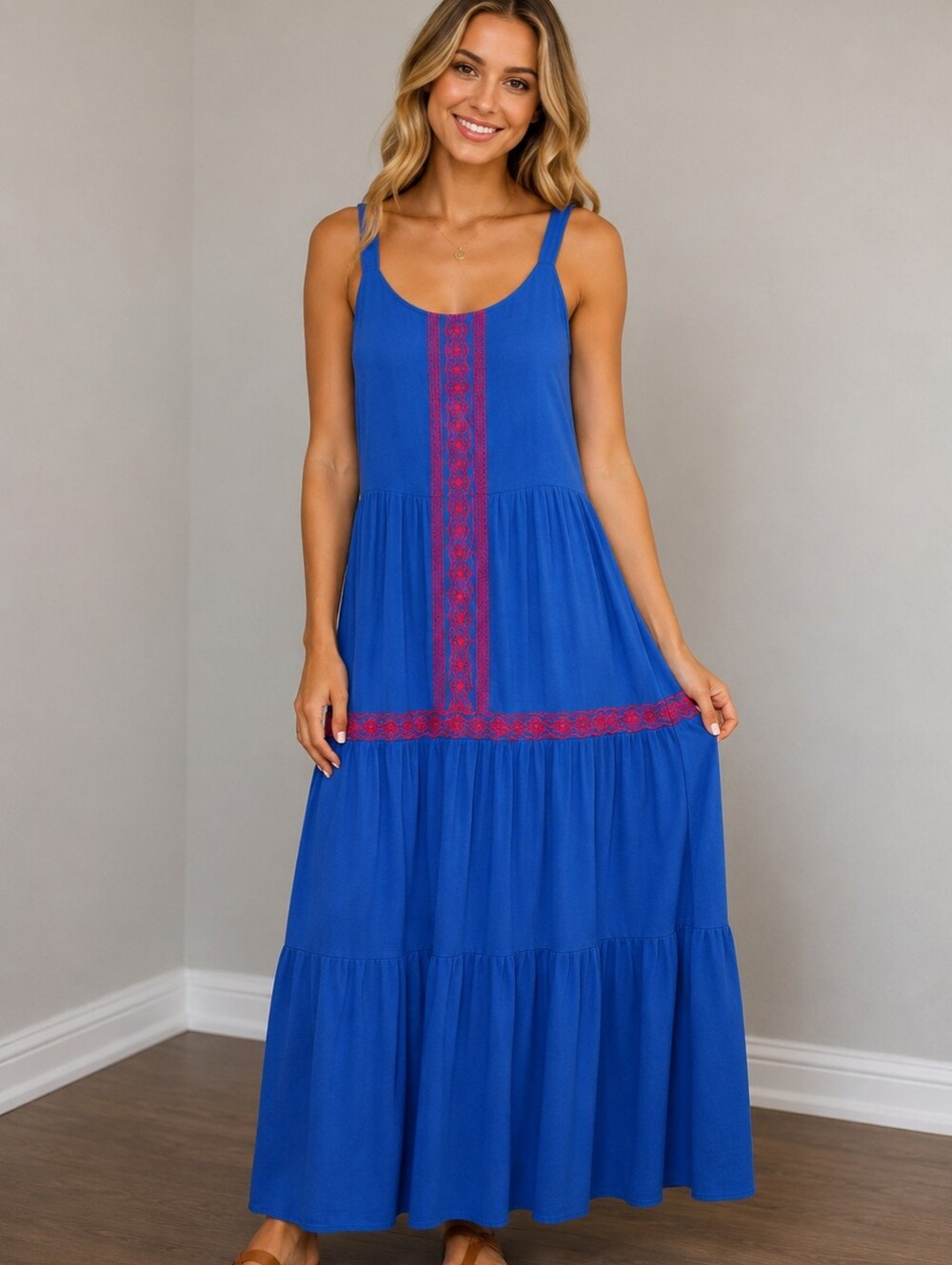 Skies Are Blue - Blue Maxi Dress with Red Trim